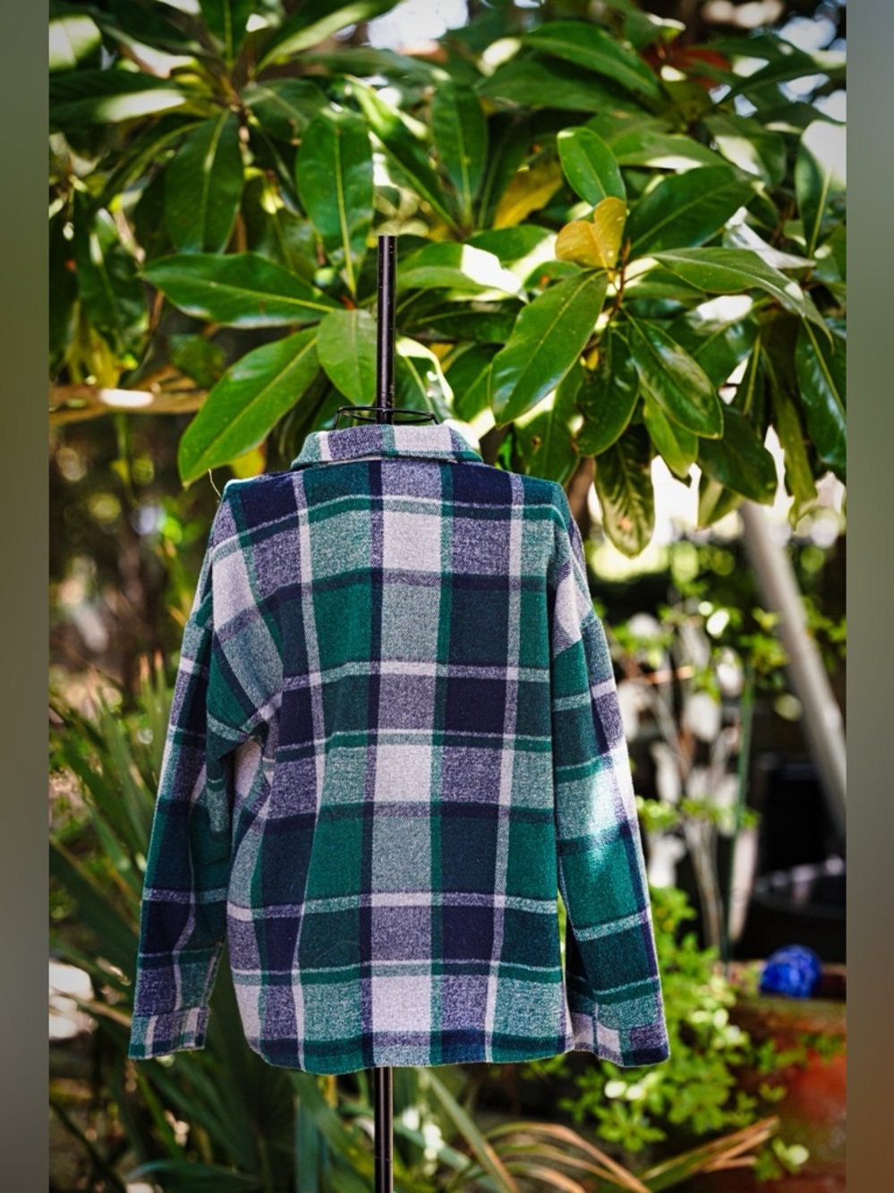 Green & Navy Plaid Flannel Shacket - Oversized Button Down - Picture 4 of 7